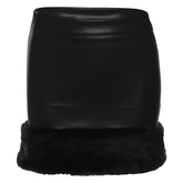 PU leather fluffy patchwork zip-up mini skirt