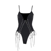 V neck lace up hollow out solid cami bodysuit
