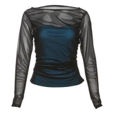Long sleeve ruched mesh patchwork top