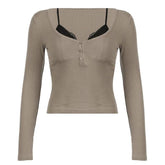 Long sleeve lace hem patchwork button top
