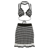 Halter self tie knitted plaid backless mini skirt set