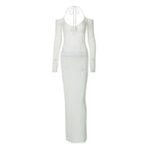 Long sleeve off shoulder halter knitted backless maxi dress-final-sale