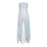 Sheer mesh ruffle flower print tube midi dress