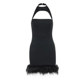 Hollow out halter fluffy backless button solid cut out mini dress-final-sale