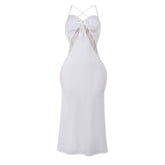 Self tie cross back v neck lace ruched midi dress