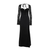 Sweetheart neck long sleeve self tie slit maxi dress-final-sale