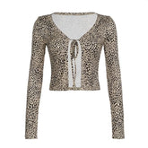 Leopard print long sleeve self tie crop top