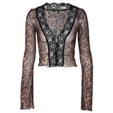Long flared sleeve print lace hem button see through top