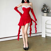 Halter ruffle fluffy gloves mini dress
