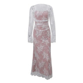 Long sleeve lace ruched shrug lace up 2 piece midi dress-final-sale