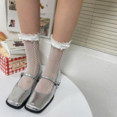 Bowknot lace hem side hollow out socks