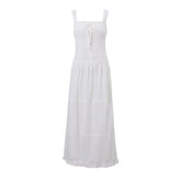 Ruched button square neck sleeveless smocked ruffle midi dress-final-sale