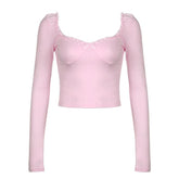 Long sleeve bowknot sweetheart neck ruffle top
