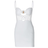 O ring lace ruched button backless cami mini dress