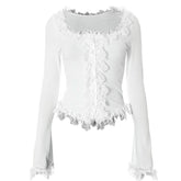 Long sleeve lace hem button ribbed u neck solid top