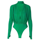 V neck solid ruched gloves high neck long sleeve bodysuit-final-sale