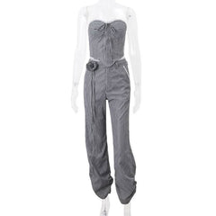 Ruched striped zip-up lace hem medium rise pant