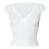 Cap sleeve v neck ruched solid top