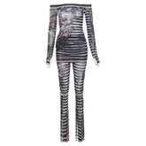 Long sleeve off shoulder sheer mesh print pant set