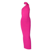 Ruched contrast backless one shoulder ribbon 2-way maxi dress-final-sale