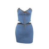 Denim sweetheart neck knotted zip-up tube slit mini skirt set