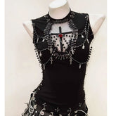 Crewneck beaded flower applique mesh top