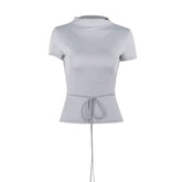 Short sleeve crewneck self tie backless top