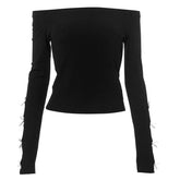 Long sleeve off shoulder bowknot hollow out ribbed cut out top-final-sale
