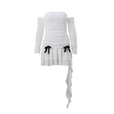 Long sleeve off shoulder ruched bowknot backless ruffle mini dress-final-sale