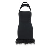 Hollow out halter fluffy backless button solid cut out mini dress