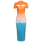 Short sleeve crewneck stitch contrast hollow out cut out midi dress