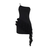 One shoulder ruffle flower applique mini dress