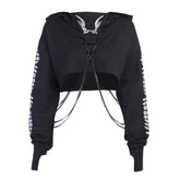 Hoodie ribbon off shoulder contrast print buckle long sleeve gloves crop top