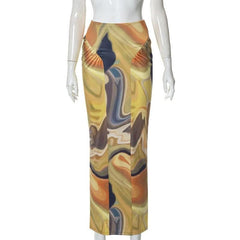 Contrast ruched abstract print midi skirt-final-sale