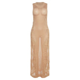 Crochet solid sleeveless see through round neck maxi dress-final-sale