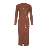 Long sleeve button high slit v neck irregular midi dress-final-sale