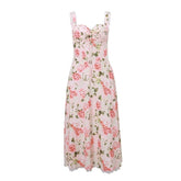 Rose print knotted ruched lace hem cami midi dress