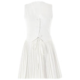 Pleated deep V neck button self tie solid mini skirt set