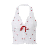 Halter fruit print button ruffle knotted textured top