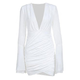V neck long flared sleeve ruched irregular solid mini dress-final-sale