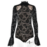 High neck long sleeve hollow out lace bodysuit-final-sale