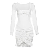 Long sleeve u neck ruched ruffle mini skirt set