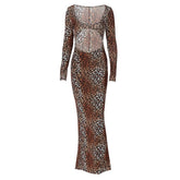 Long sleeve leopard print hollow out u neck cut out maxi dress