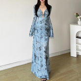Long sleeve sheer mesh v neck print maxi dress
