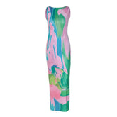 Sleeveless print contrast slit backless midi dress