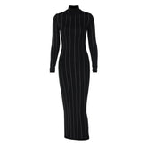 Long sleeve high neck beaded solid midi dress-final-sale