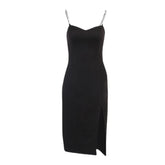 Metal chain v neck slit solid irregular backless midi dress-final-sale
