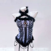 Halter beaded fluffy cross pendant top