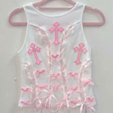 Crewneck bowknot cross pattern lace up ribbon top