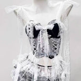 Lace hem v neck bowknot self tie skull applique top